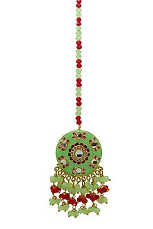 Gold Finish Green Beaded Meenakari Maang tikka Set
