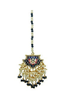 Gold Finish Blue Beaded Enameled Meenakari Maang tikka Set
