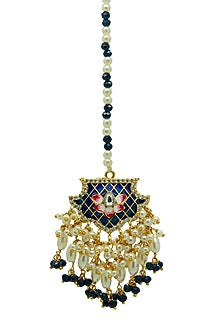Gold Finish Blue Beaded Enameled Meenakari Maang tikka Set