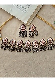 Gold Finish Enameled Black Meenakari Pan Choker Necklace Set