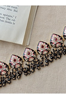 Gold Finish Enameled Black Meenakari Pan Choker Necklace Set