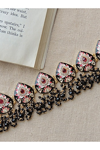 Gold Finish Enameled Black Meenakari Pan Choker Necklace Set