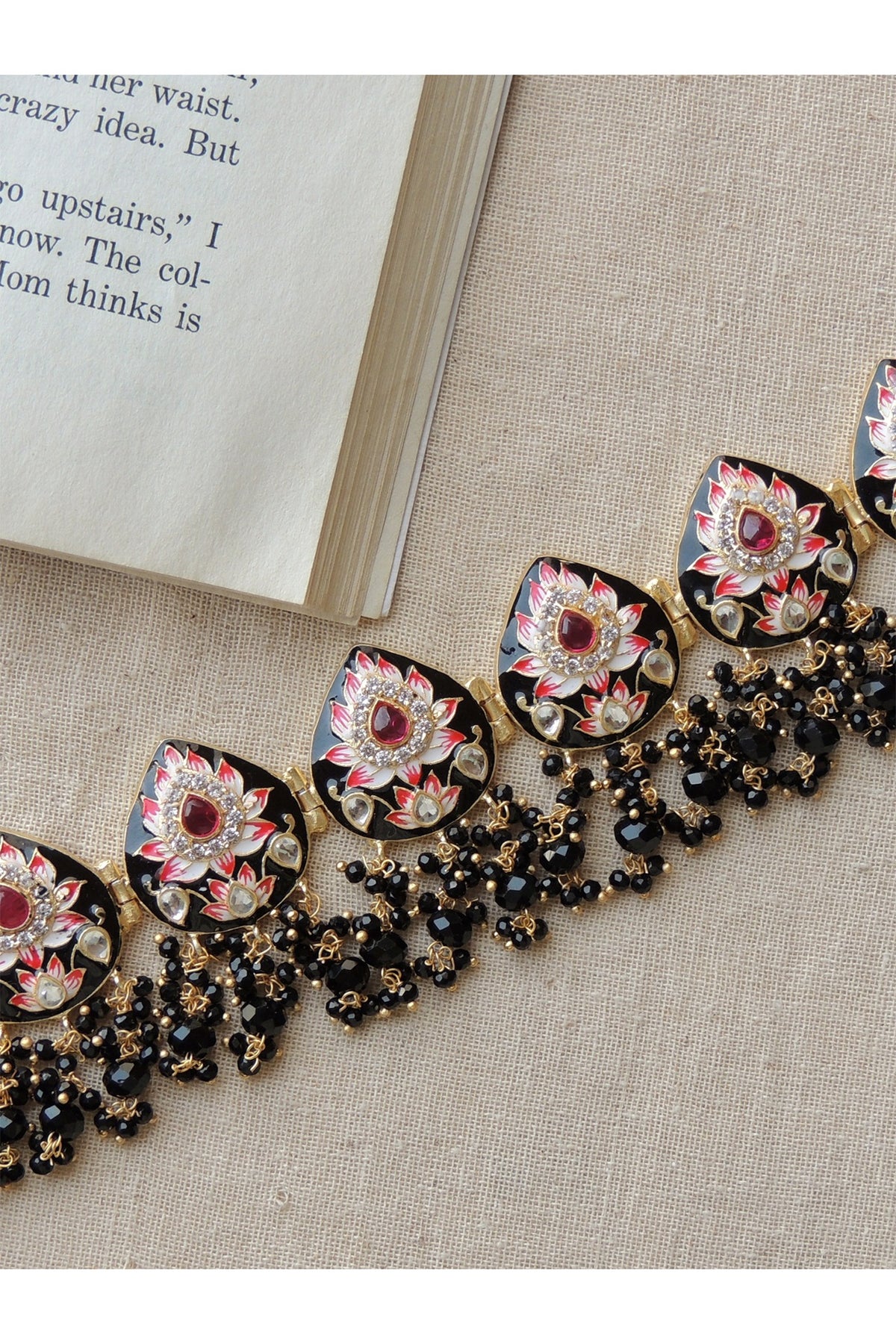 Gold Finish Enameled Black Meenakari Pan Choker Necklace Set