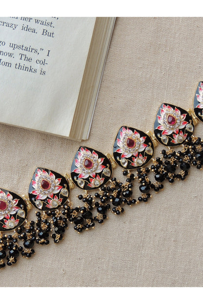 Gold Finish Enameled Black Meenakari Pan Choker Necklace Set