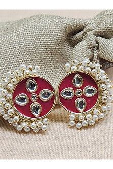 Gold Finish Kundan Polki & Pearl Rani Pink Handcrafted Meenakari Ring