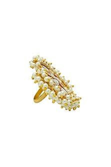 Gold Finish Kundan Polki & Pearl Rani Pink Handcrafted Meenakari Ring