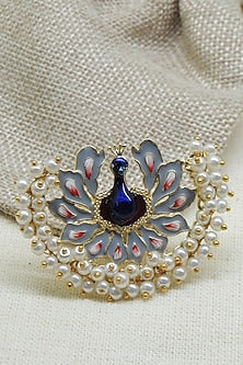 Gold Finish Pearls Grey Meenakari Ring