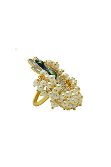 Gold Finish Pearls Grey Meenakari Ring