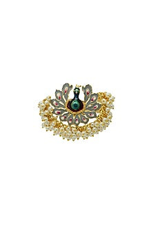 Gold Finish Pearls Grey Meenakari Ring