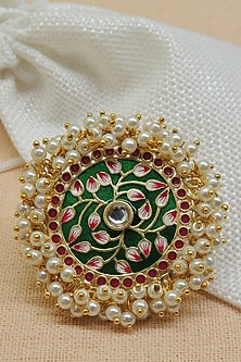 Gold Finish Pearl & Kundan Polki Green Meenakari Floral Ring