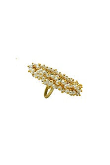 Gold Finish Pearl & Kundan Polki Green Meenakari Floral Ring