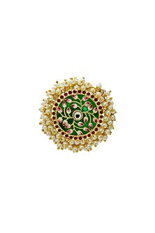 Gold Finish Pearl & Kundan Polki Green Meenakari Floral Ring