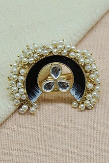 Gold Finish Pearl & Kundan Polki Black Meenakari Ring