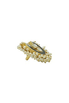 Gold Finish Pearl & Kundan Polki Black Meenakari Ring