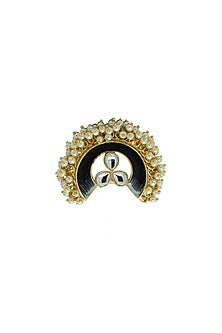 Gold Finish Pearl & Kundan Polki Black Meenakari Ring