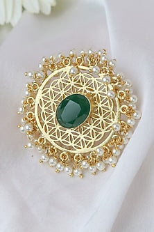 Gold Finish Green Synthetic Stone Jali Ring