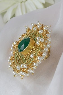 Gold Finish Green Synthetic Stone Jali Ring
