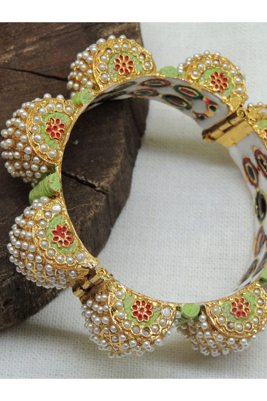 Gold Finish Jadau Ball & Pearl Meenakari Bangle