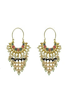 Gold Finish Floral Hand Painted Bead & Moti Drop Chandbali Earrings