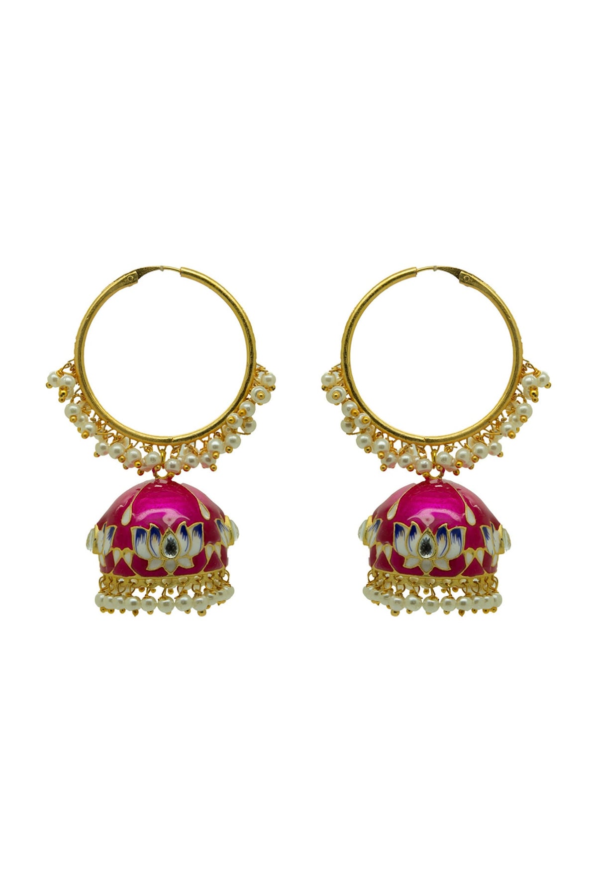 Gold Finish Rani-Pink Kundan & Pearl Lotus Jhumka Earrings