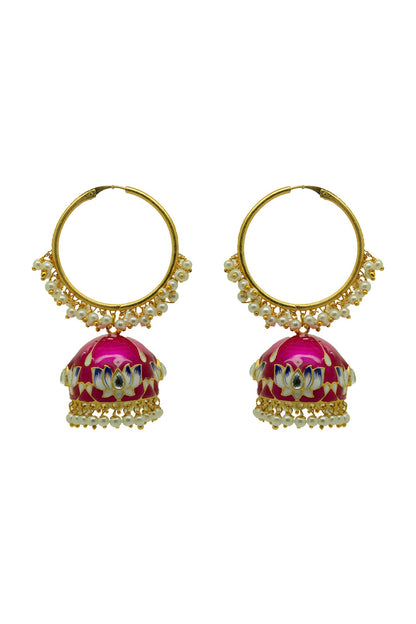 Gold Finish Rani-Pink Kundan & Pearl Lotus Jhumka Earrings