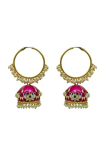 Gold Finish Rani-Pink Kundan & Pearl Lotus Jhumka Earrings