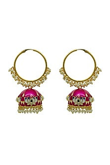 Gold Finish Rani-Pink Kundan & Pearl Lotus Jhumka Earrings