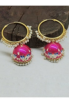 Gold Finish Rani-Pink Kundan & Pearl Lotus Jhumka Earrings