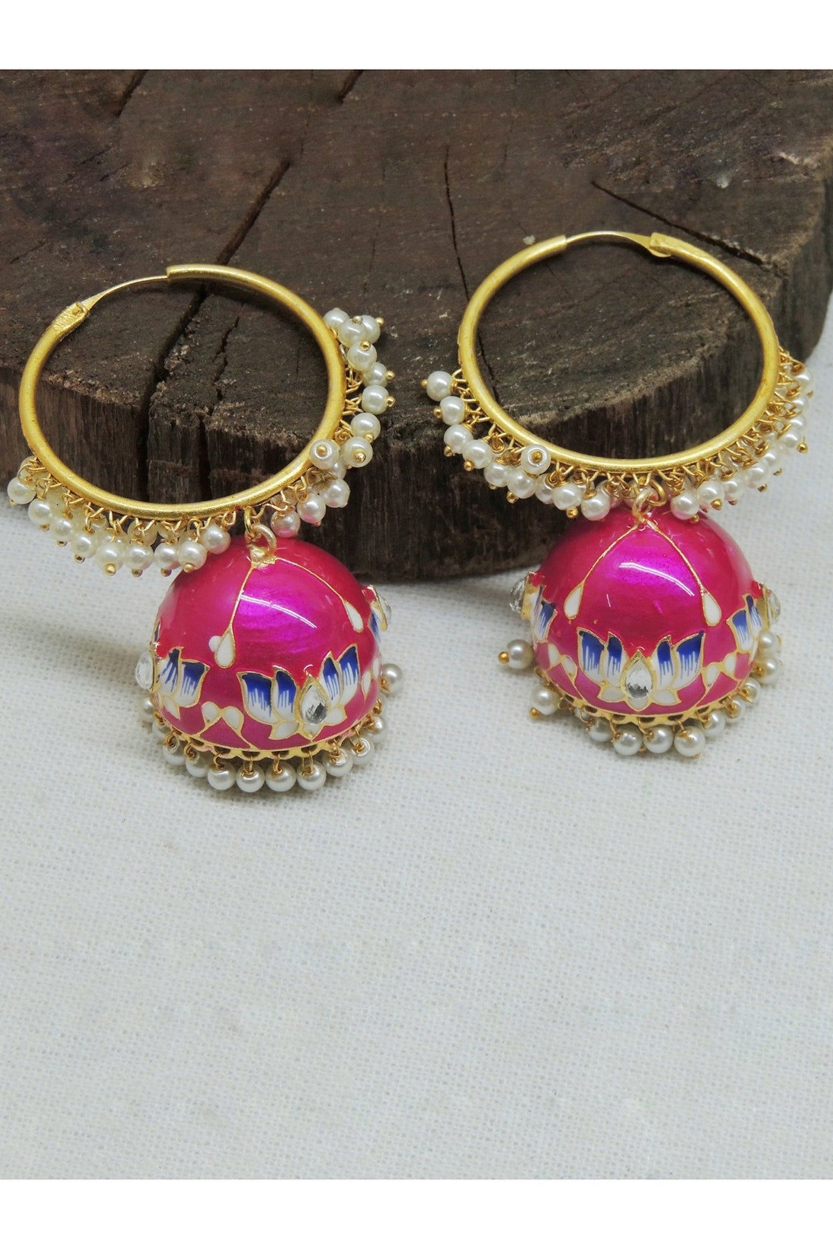 Gold Finish Rani-Pink Kundan & Pearl Lotus Jhumka Earrings