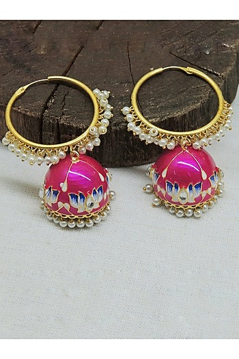Gold Finish Rani-Pink Kundan & Pearl Lotus Jhumka Earrings