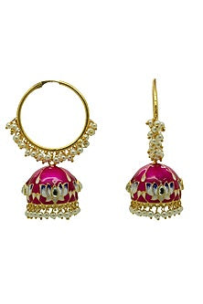 Gold Finish Rani-Pink Kundan & Pearl Lotus Jhumka Earrings