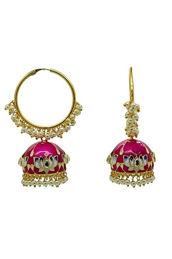 Gold Finish Rani-Pink Kundan & Pearl Lotus Jhumka Earrings