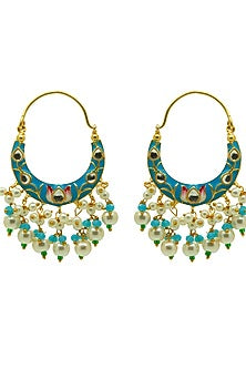 Gold Finish Blue Kundan & Pearl Meenakari Chandbali Earrings
