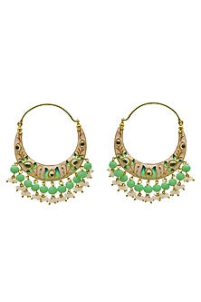 Gold Finish Pink Kundan & Beaded Chandbali Earrings