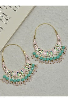 Gold Finish Pink Kundan & Beaded Chandbali Earrings