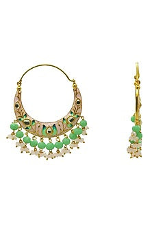 Gold Finish Pink Kundan & Beaded Chandbali Earrings