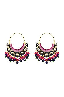 Gold Finish Royal Blue & Pink Kundan Chandbali Earrings