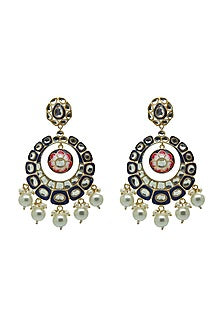 Gold Finish Royal Blue Kundan & Pearl Chandbali Earrings