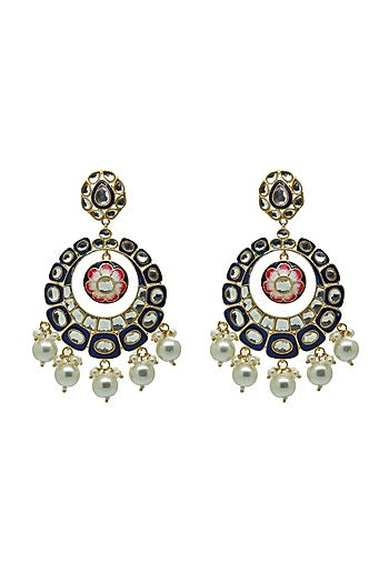 Gold Finish Royal Blue Kundan & Pearl Chandbali Earrings