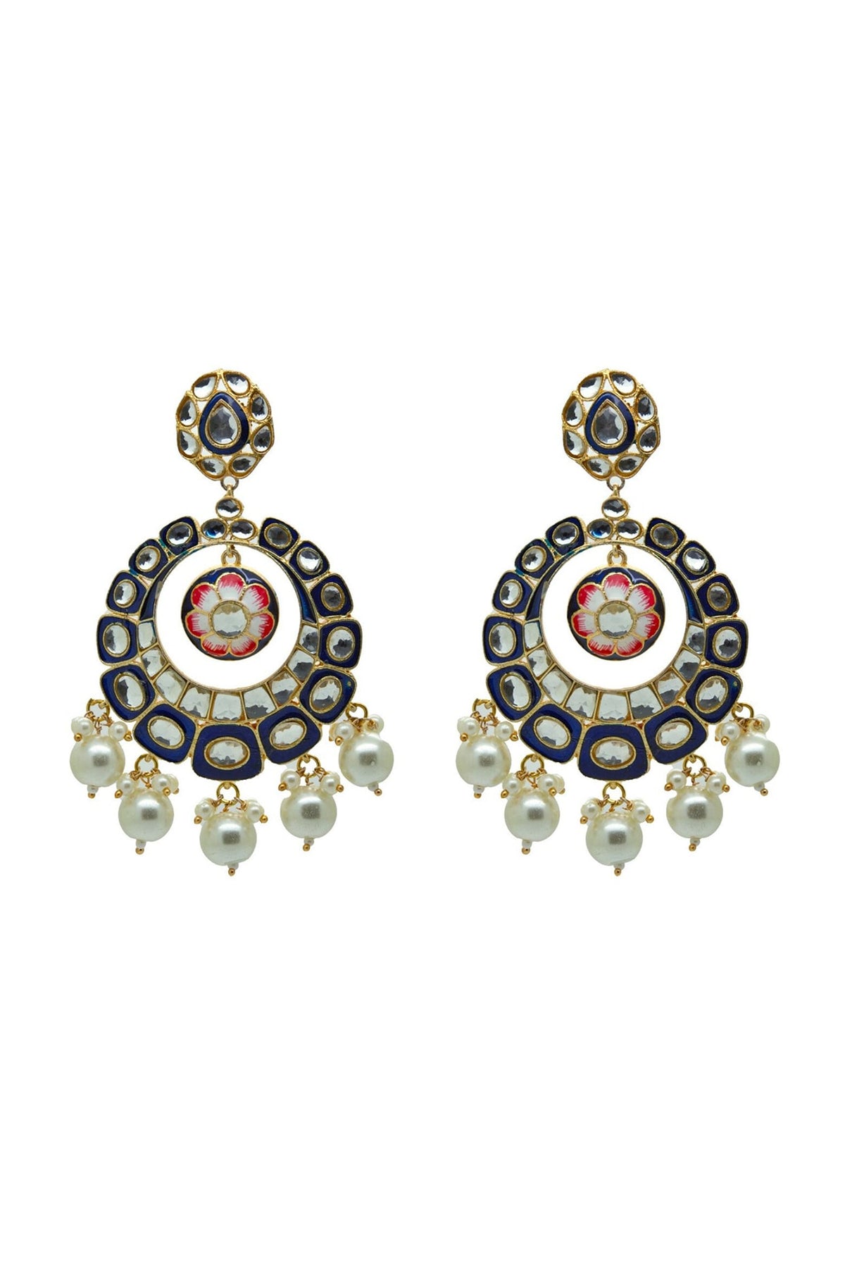 Gold Finish Royal Blue Kundan & Pearl Chandbali Earrings