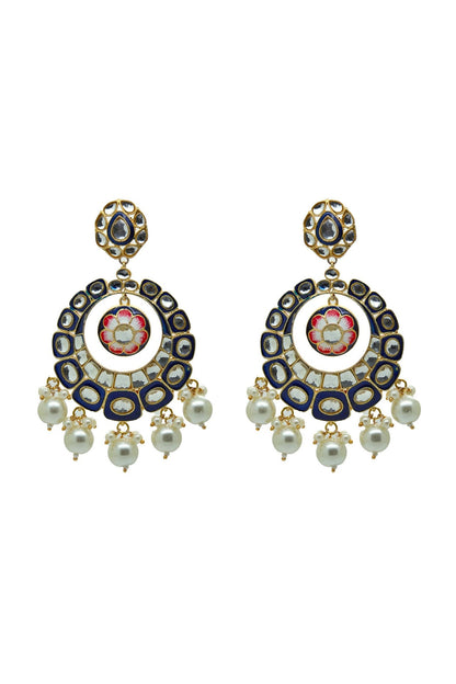 Gold Finish Royal Blue Kundan & Pearl Chandbali Earrings