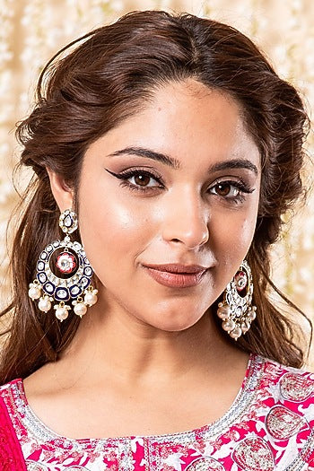 Gold Finish Royal Blue Kundan & Pearl Chandbali Earrings