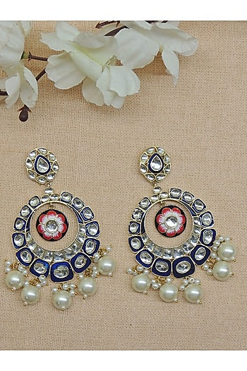 Gold Finish Royal Blue Kundan & Pearl Chandbali Earrings