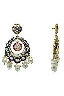 Gold Finish Royal Blue Kundan & Pearl Chandbali Earrings