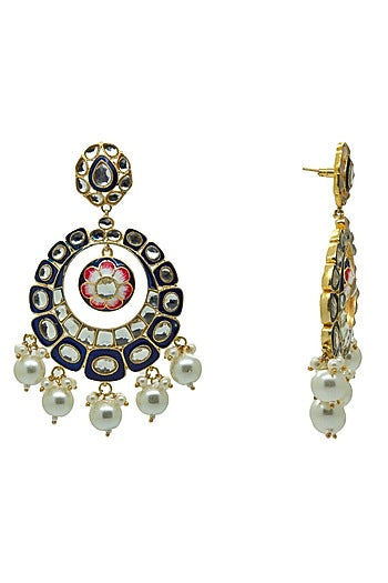 Gold Finish Royal Blue Kundan & Pearl Chandbali Earrings