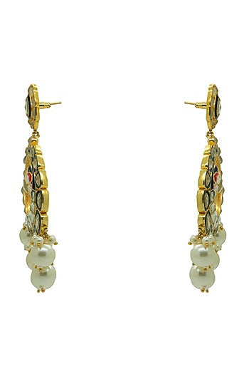 Gold Finish Royal Blue Kundan & Pearl Chandbali Earrings