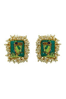 Gold Finish Hand Painted Krishna Stud Earrings