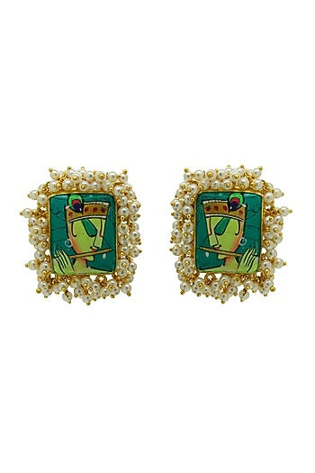 Gold Finish Hand Painted Krishna Stud Earrings