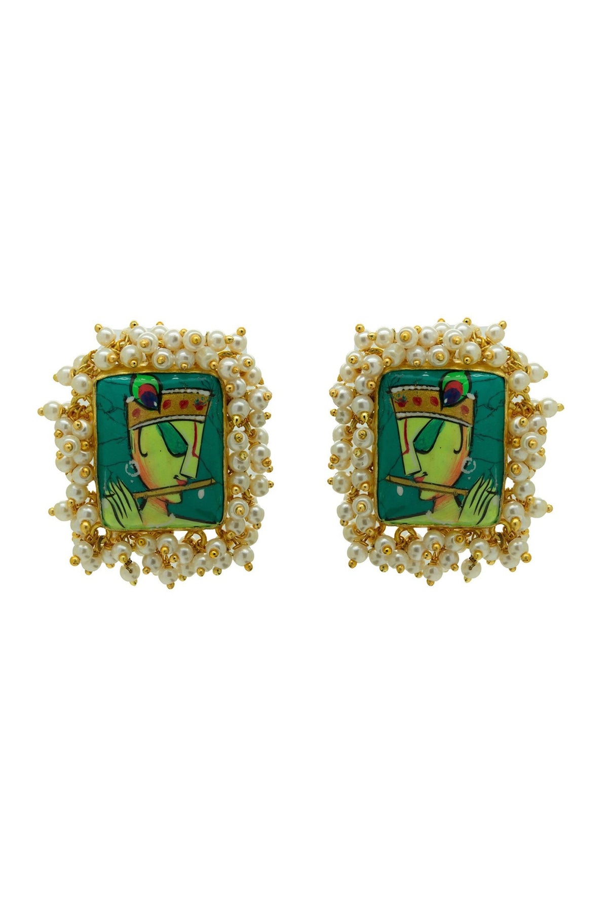 Gold Finish Hand Painted Krishna Stud Earrings