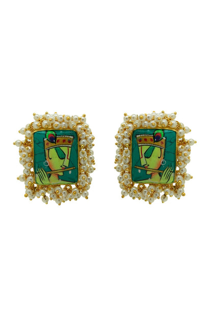 Gold Finish Hand Painted Krishna Stud Earrings